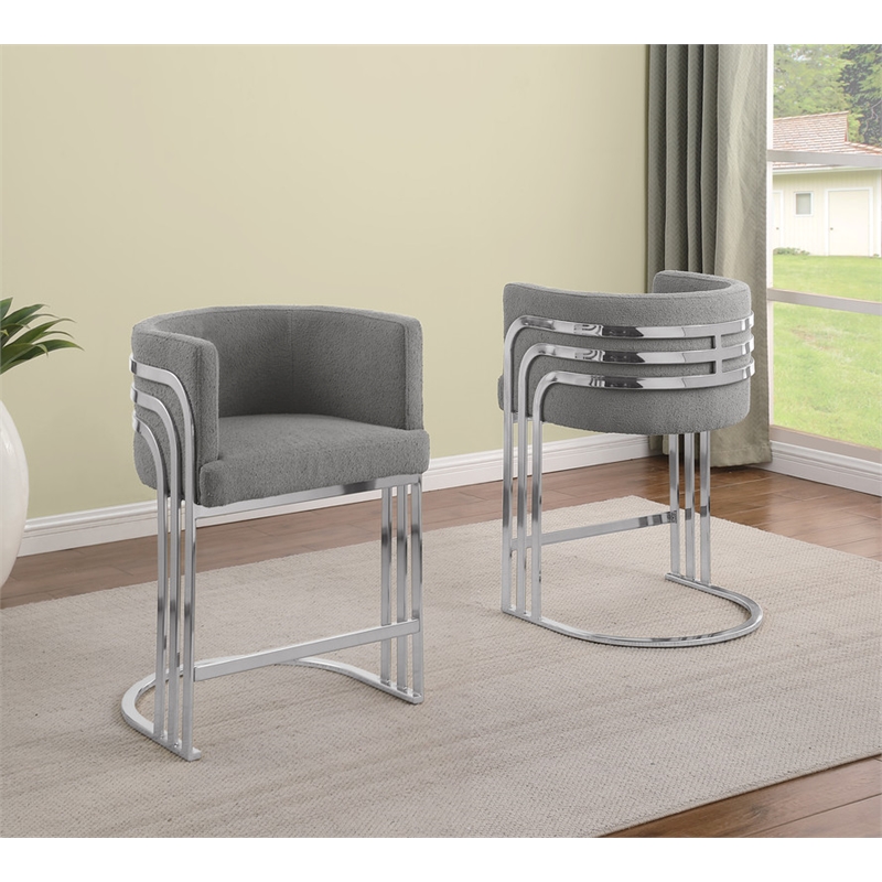 Best Quality Furniture Set of 2 Dark Gray Teddy Fabric Barstools with Chrome