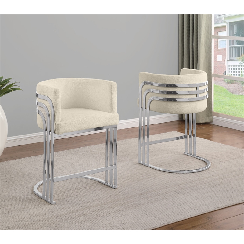 Best Quality Furniture Set of 2 Cream Teddy Fabric Barstools with Chrome
