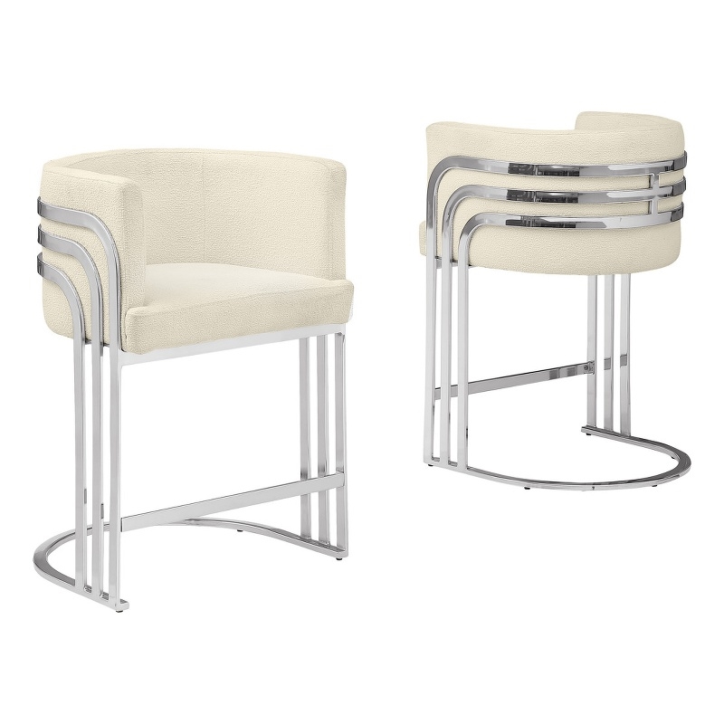 Best Quality Furniture Set of 2 Cream Teddy Fabric Barstools with Chrome