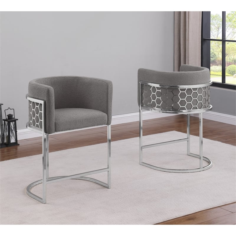 Best Quality Furniture Single Barstool in Gray Teddy Fabric and Chrome Base