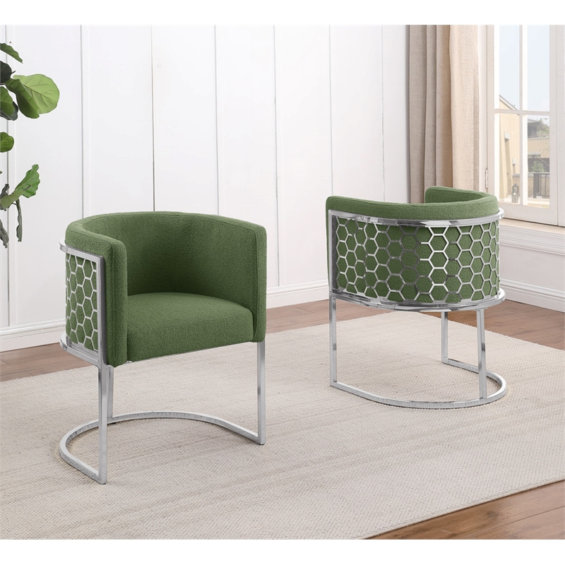 Best Quality Furniture Set of 2 Chairs in Green Teddy Fabric and Chrome Base