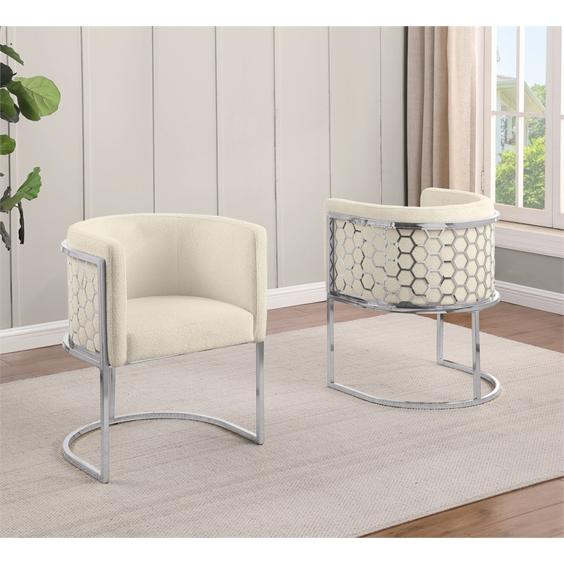 Best Quality Furniture Set of 2 Chairs in Cream Teddy Fabric and Chrome Base