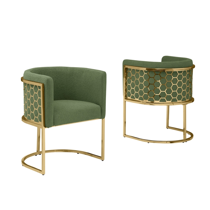 Best Quality Furniture Set of 2 Chairs in Green Teddy Fabric and Chrome Base