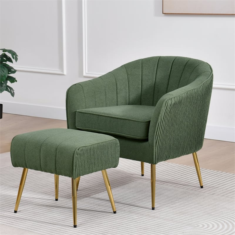 Best Quality Furniture 2pc Barrel Chair & Ottoman Set with Green Boucle Fabric
