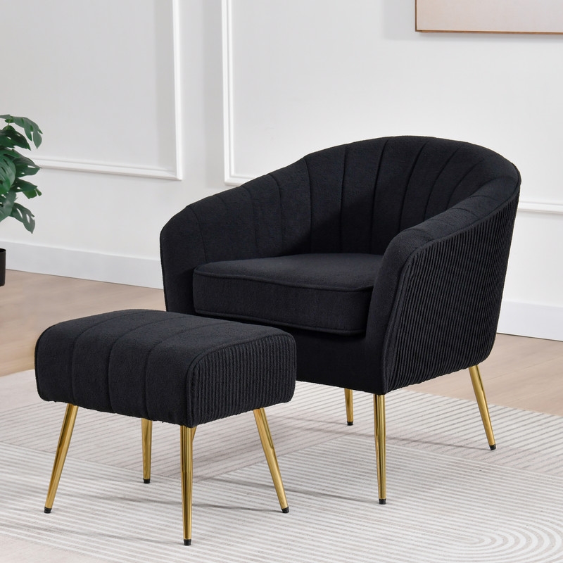Best Quality Furniture 2pc Barrel Chair & Ottoman Set with Black Boucle Fabric