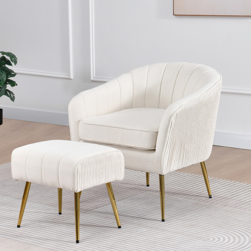 Best Quality Furniture 2pc Barrel Chair & Ottoman Set with Beige Boucle Fabric