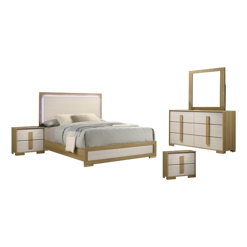 Best Quality Furniture Natural Wood King Bedroom Set with LED Headboard