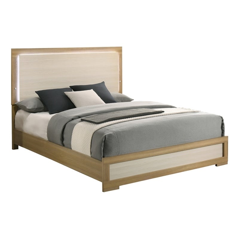 Best Quality Furniture Natural Wood King Panel Bed with LED Headboard