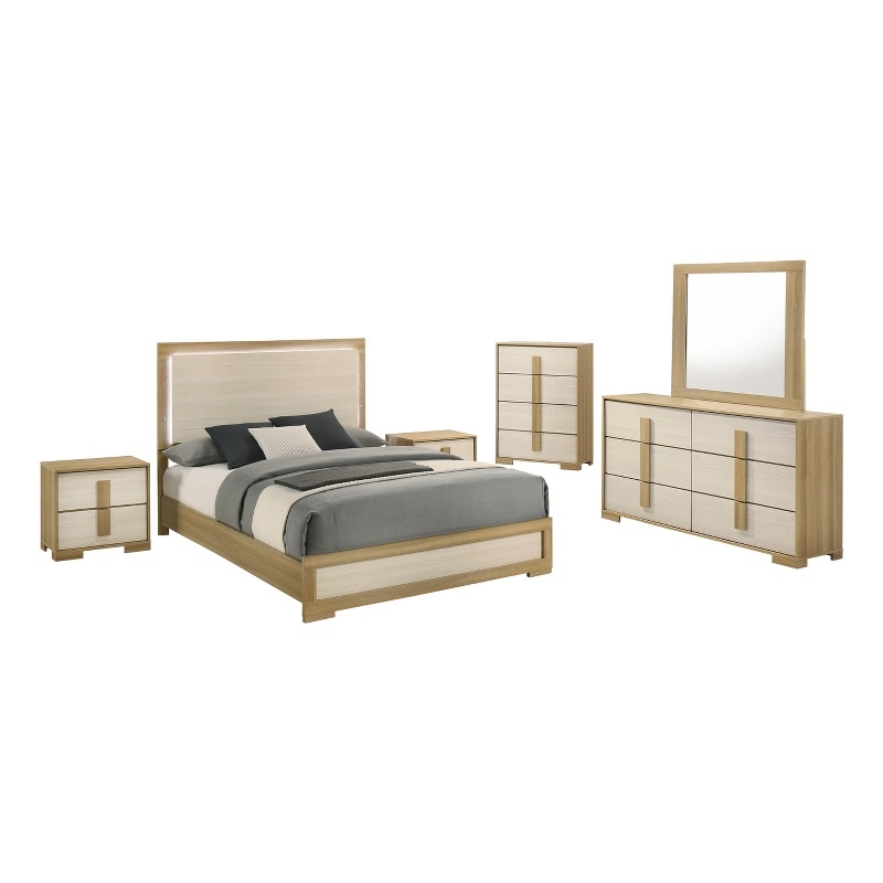 Best Quality Furniture Natural Wood King Bedroom Set with LED Headboard