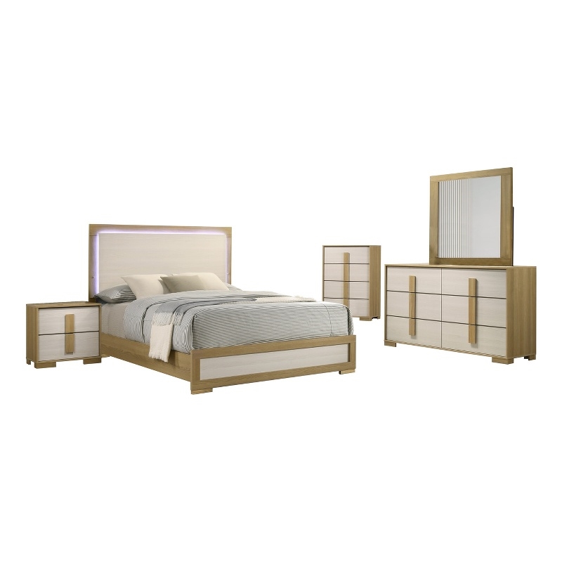 Best Quality Furniture Natural Wood Queen Bedroom Set with LED Headboard