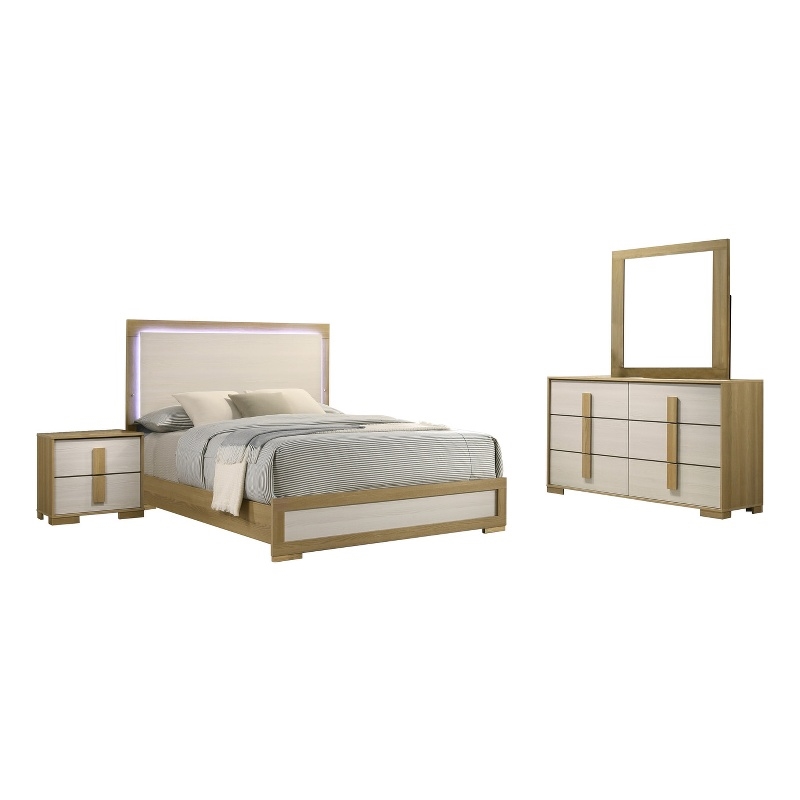 Best Quality Furniture Natural Wood Queen Bedroom Set with LED Headboard