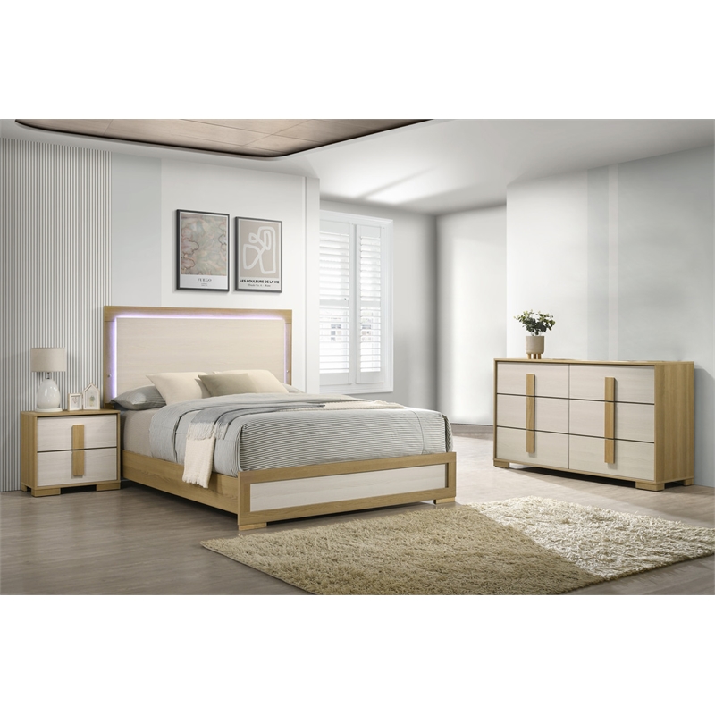 Best Quality Furniture Natural Wood Queen Bedroom Set with LED Headboard