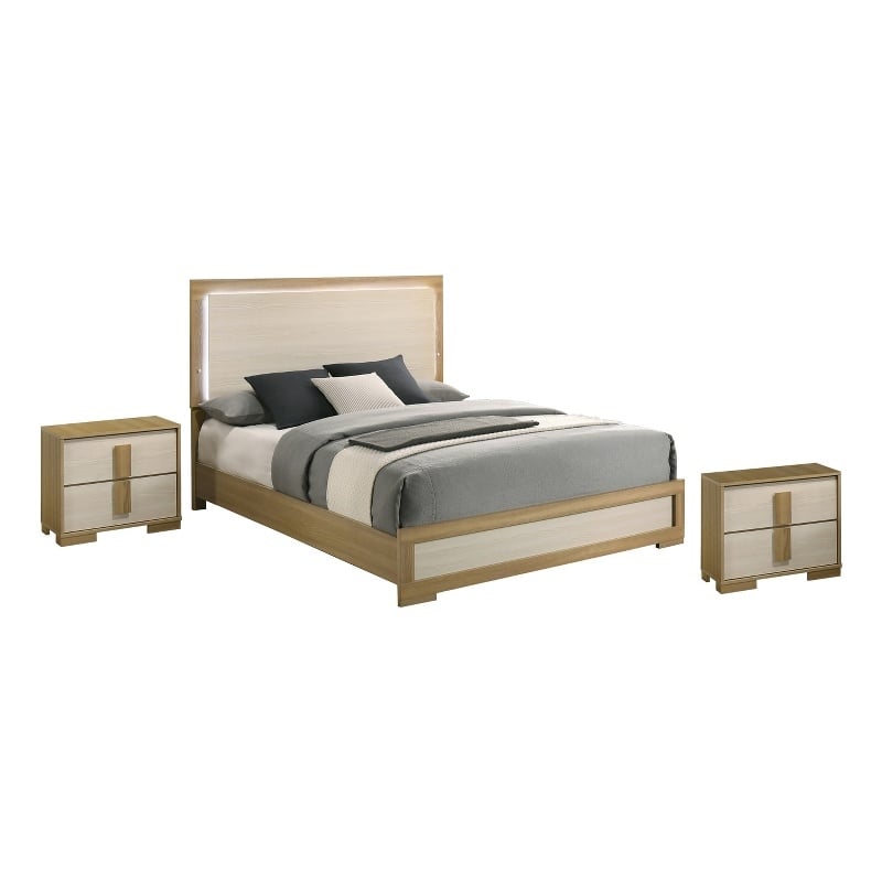 Best Quality Furniture Natural Wood Queen Bedroom Set with LED Headboard