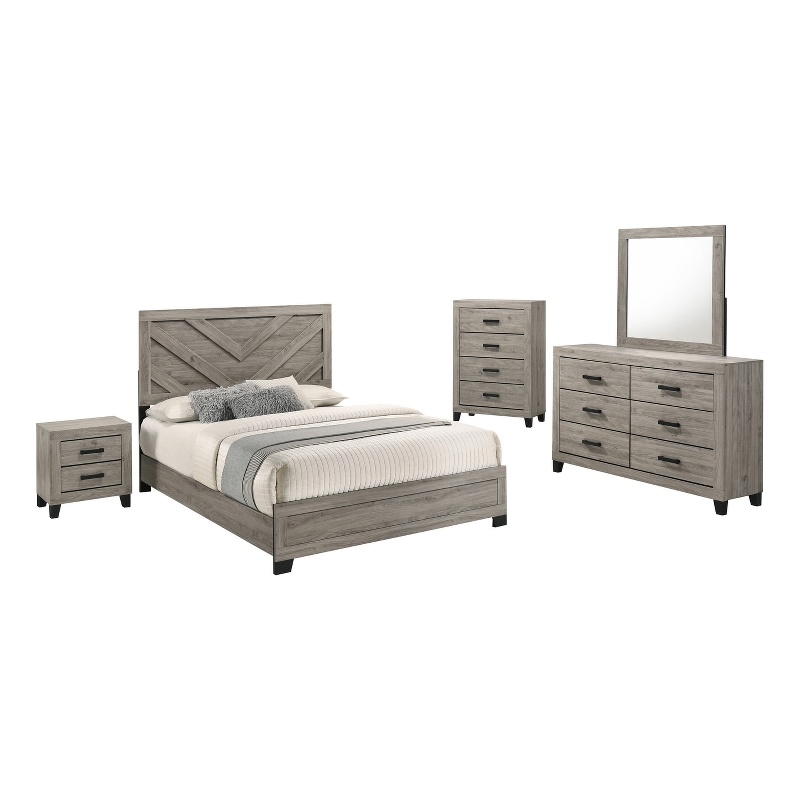 Best Quality Furniture Light Gray Wood 5 Pc Bedroom Set with King Panel Bed