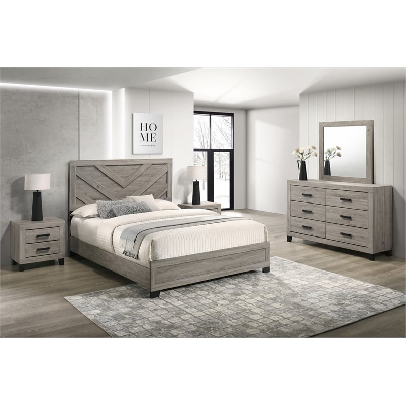 Best Quality Furniture Light Gray Wood 5 Pc Bedroom Set with King Panel Bed