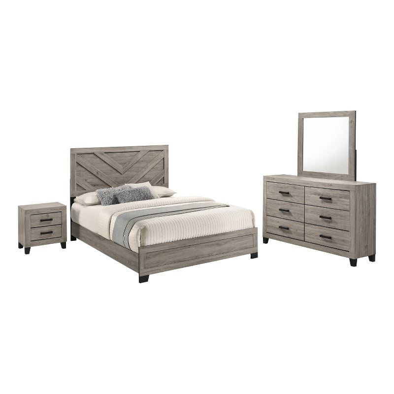 Best Quality Furniture Light Gray Wood 4 Pc Bedroom Set with King Panel Bed
