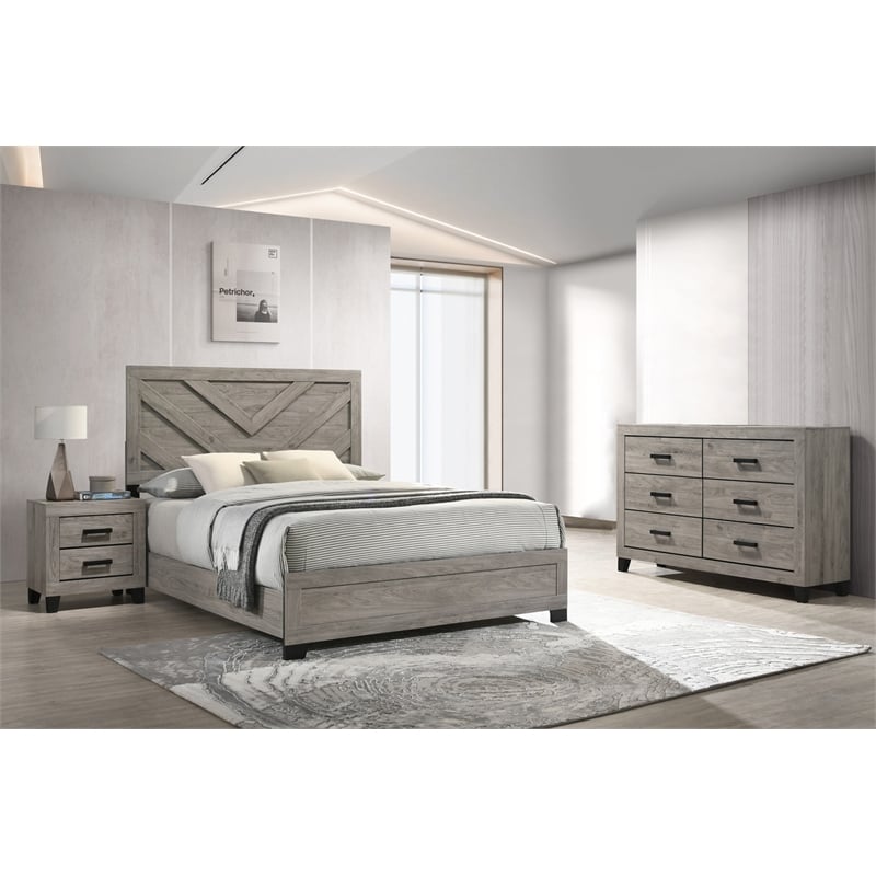 Best Quality Furniture Light Gray Wood 3 Pc Bedroom Set with Full Panel Bed