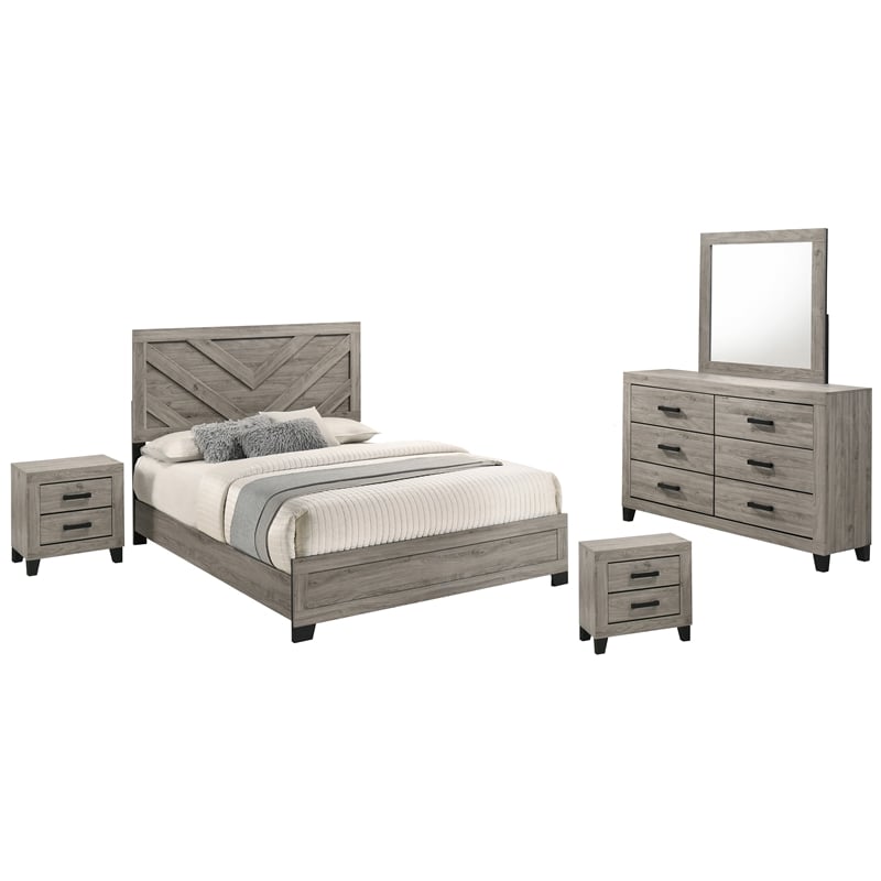 Best Quality Furniture Light Gray Wood 5 Pc Bedroom Set with Full Panel Bed