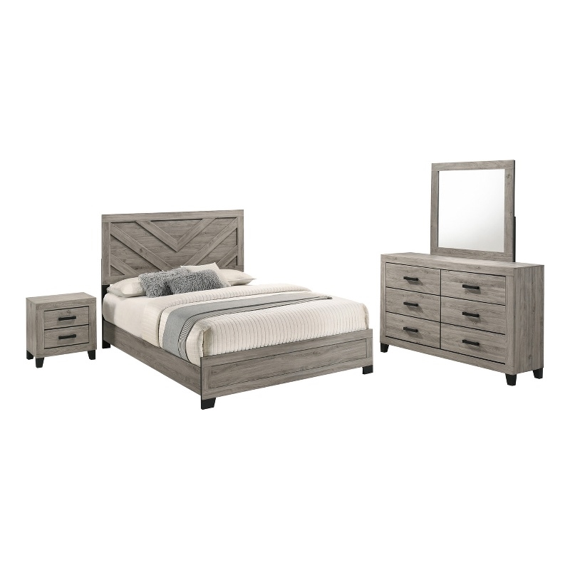 Best Quality Furniture Light Gray Wood 4 Pc Bedroom Set with Queen Panel Bed