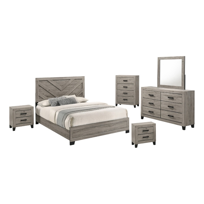 Best Quality Furniture Light Gray Wood 6 Pc Bedroom Set with Queen Panel Bed