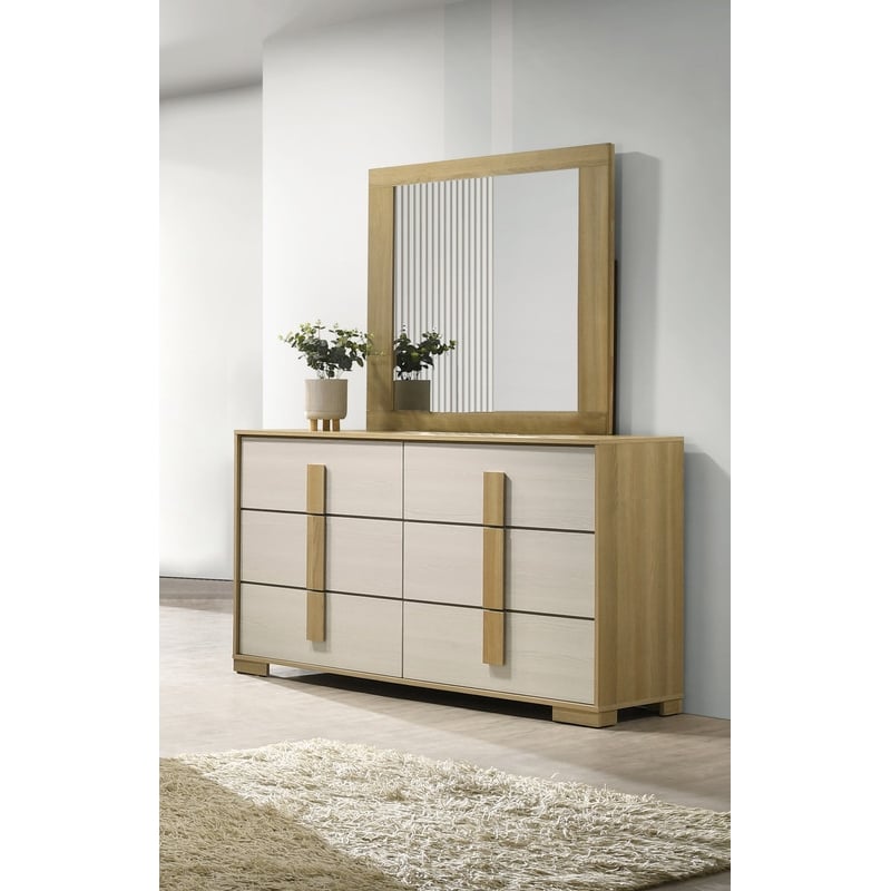 Best Quality Furniture Natural Wood Colored 6 Drawer Dresser with Mirror