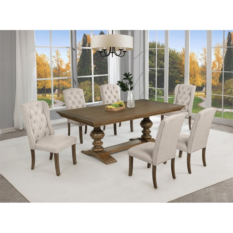 Best Quality Furniture Brown Oak Wood Dining Set with Mixed Beige Chairs