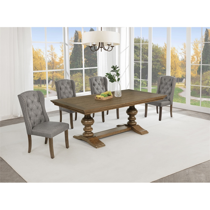 Best Quality Furniture Brown Oak Wood Dining Set with Gray Wing Back Chairs