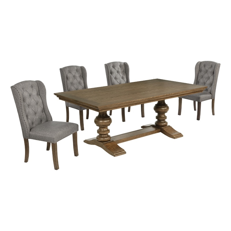 Best Quality Furniture Brown Oak Wood Dining Set with Gray Wing Back Chairs
