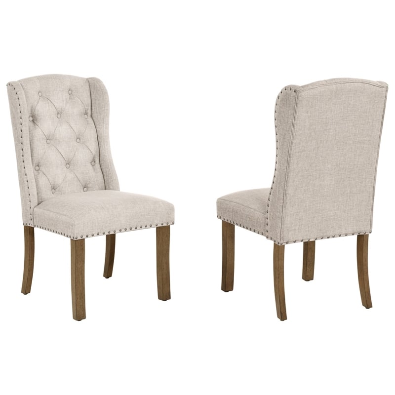 Best Quality Furniture Brown Oak Wood Dining Set with Beige Wing Back Chairs