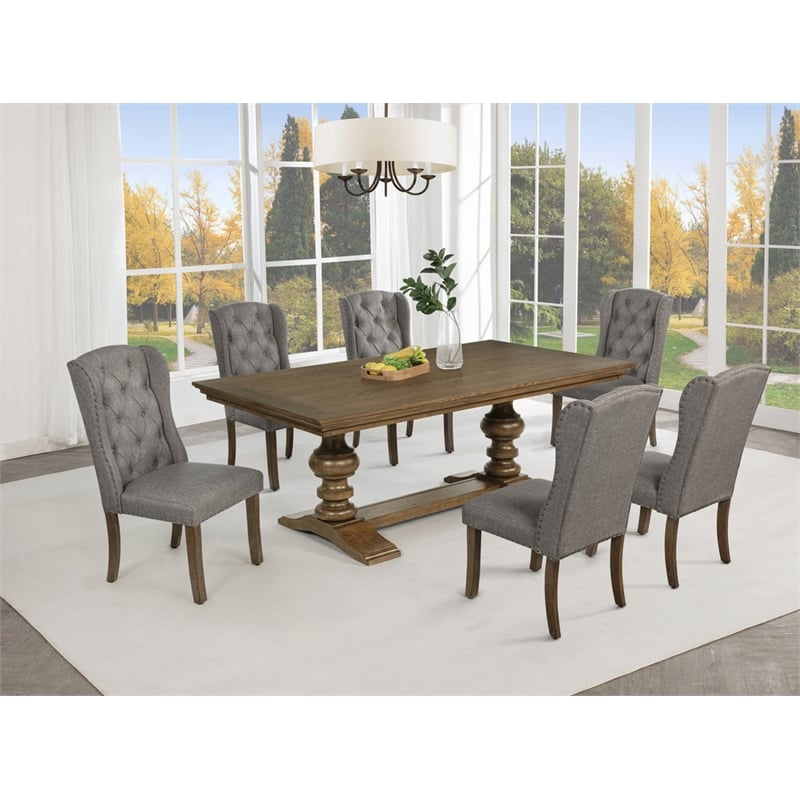 Best Quality Furniture Brown Oak Wood Dining Set with Gray Wing Back Chairs