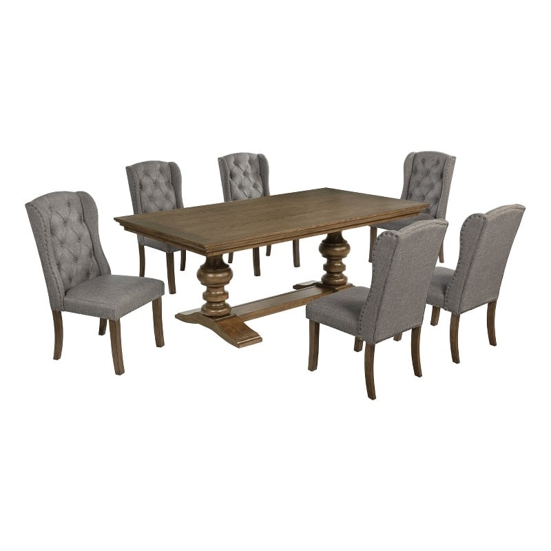 Best Quality Furniture Brown Oak Wood Dining Set with Gray Wing Back Chairs