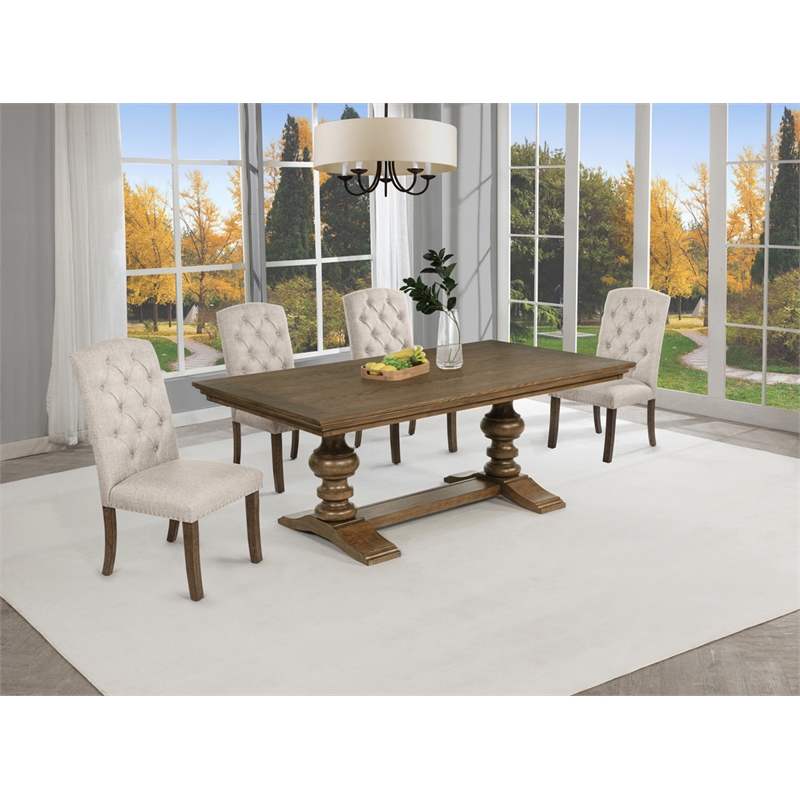 Best Quality Furniture Brown Oak Wood Dining Set with Beige Side Chairs
