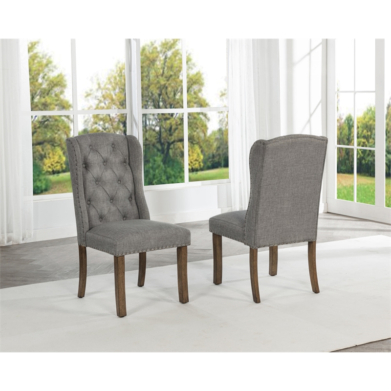 Best Quality Furniture Gray Fabric Wing Back Side Chairs with Button Tufting