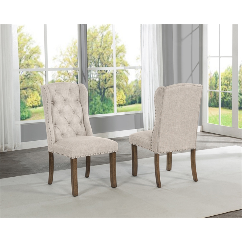 Best Quality Furniture Beige Fabric Wing Back Side Chairs with Button Tufting
