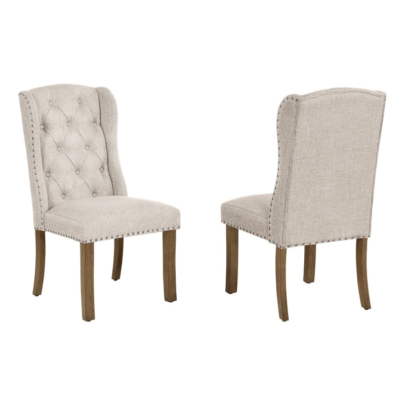 Best Quality Furniture Beige Fabric Wing Back Side Chairs with Button Tufting