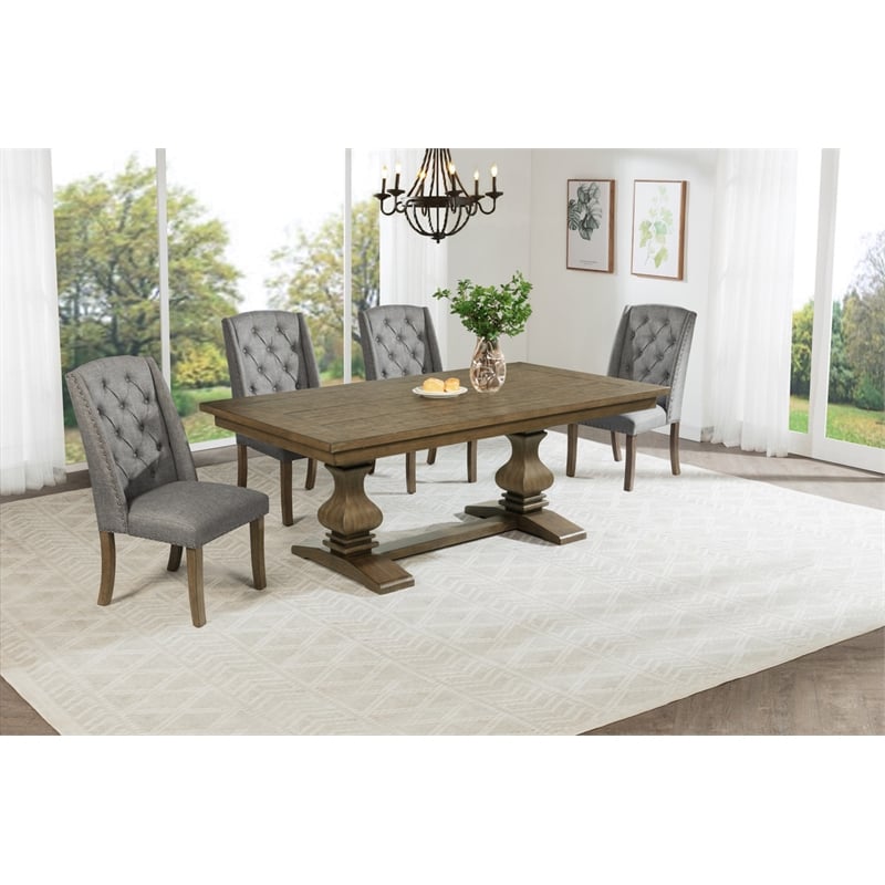 Best Quality Furniture Rustic Oak Wood Dining Set with Gray Wing Back Chairs
