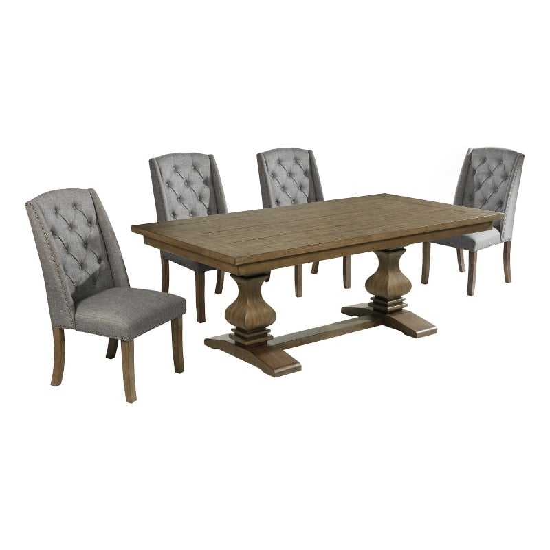 Best Quality Furniture Rustic Oak Wood Dining Set with Gray Wing Back Chairs