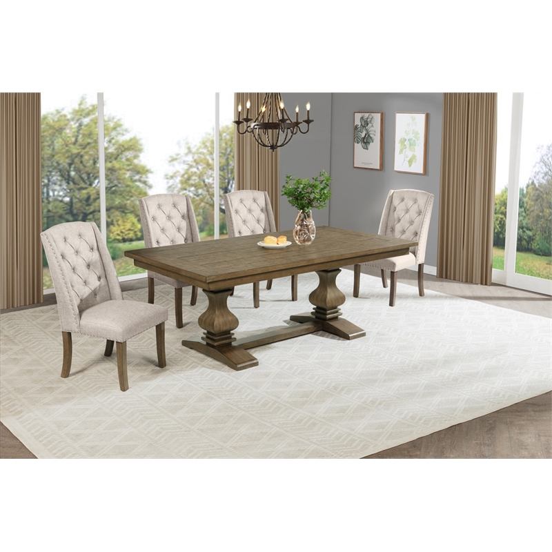 Best Quality Furniture Rustic Oak Wood Dining Set with Beige Wing Back Chairs
