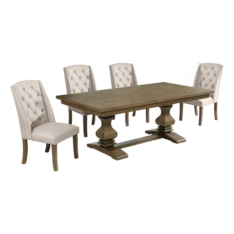 Best Quality Furniture Rustic Oak Wood Dining Set with Beige Wing Back Chairs