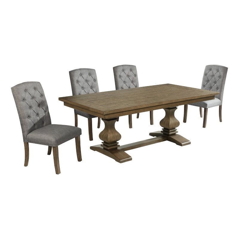 Best Quality Furniture Rustic Oak Wood Dining Set with Gray Side Chairs