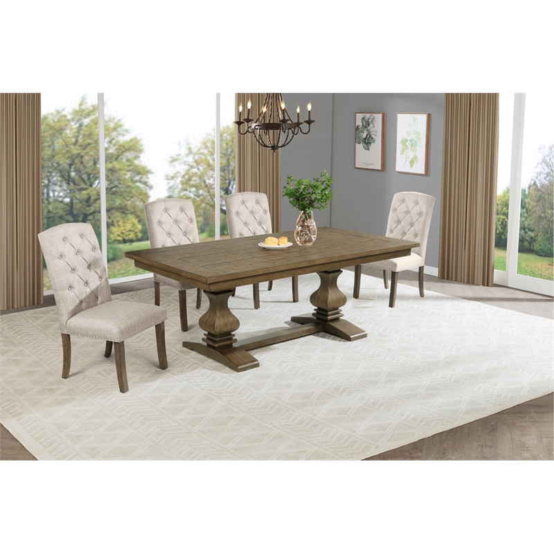 Best Quality Furniture Rustic Oak Wood Dining Set with Beige Side Chairs