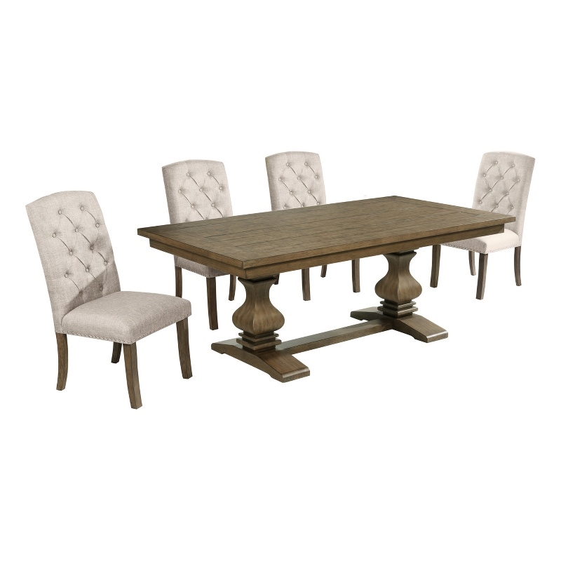 Best Quality Furniture Rustic Oak Wood Dining Set with Beige Side Chairs