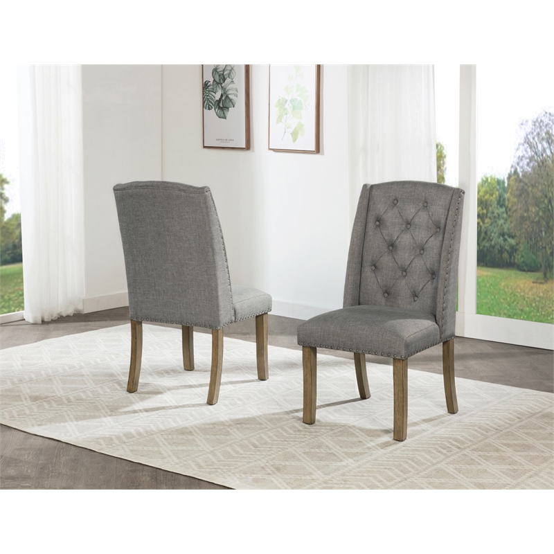 Best Quality Furniture Gray Fabric Wing Back Side Chairs with Button Tufting