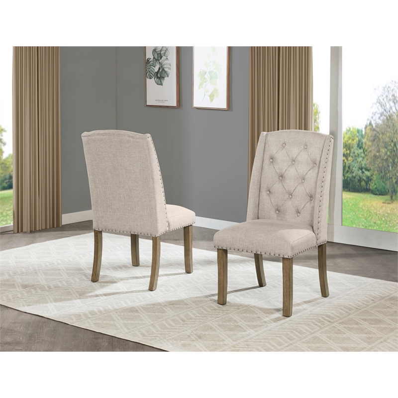 Best Quality Furniture Beige Fabric Wing Back Side Chairs with Button Tufting
