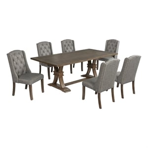 Best Quality Furniture Rustic Brown-Gray Wood Dining Set with Gray Linen Chairs
