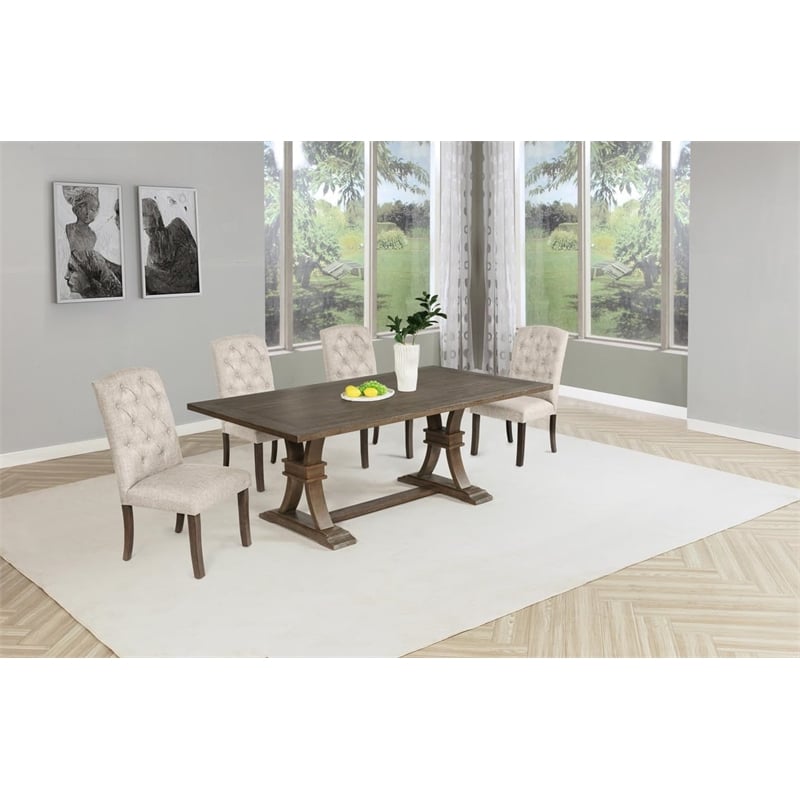 Best Quality Furniture Rustic Brown-Gray Wood Dining Set with Beige Linen Chairs