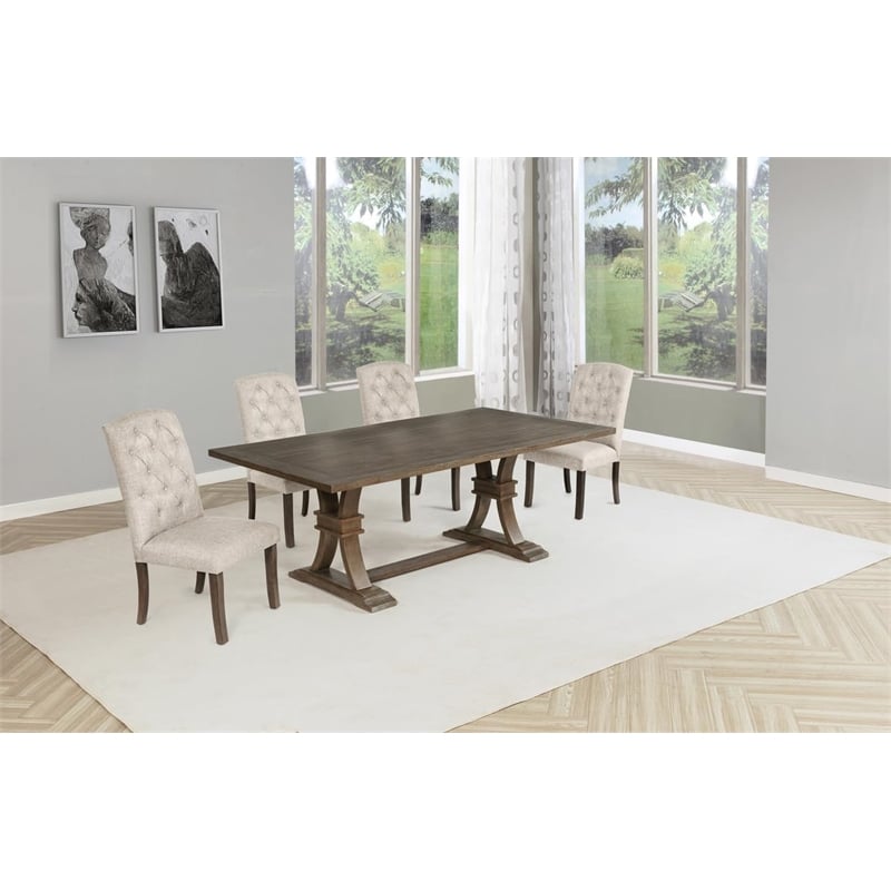 Best Quality Furniture Rustic Brown-Gray Wood Dining Set with Beige Linen Chairs