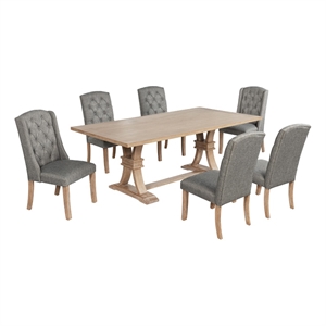 Best Quality Furniture Rustic Light Oak Wood Dining Set with Gray Linen Chairs