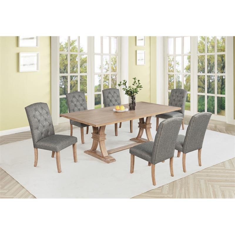 Best Quality Furniture Rustic Light Oak Wood Dining Set with Gray Linen Chairs