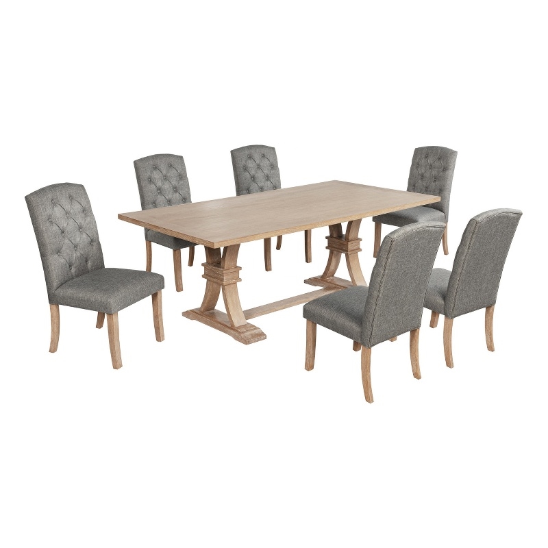 Best Quality Furniture Rustic Light Oak Wood Dining Set with Gray Linen Chairs